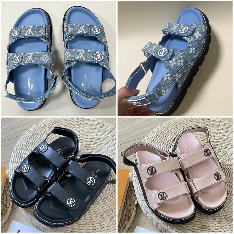 Dupe L-V Women Sandals With Velcro Straps Summer Slippers 3Colors Blue Pink Black Size EUR 35-42 | DHGate