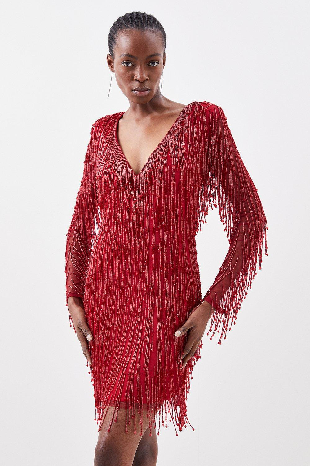 Beaded Fringed And Embellished Woven Mini Dress | Karen Millen UK + IE + DE + NL