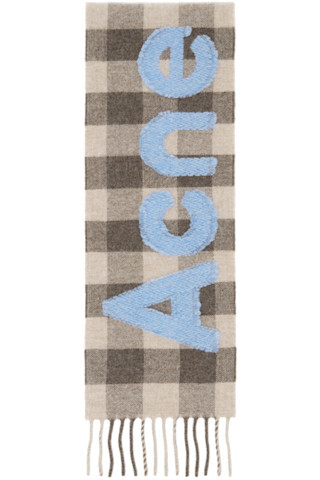 Écharpe brun et bleu à carreaux et à logo | SSENSE