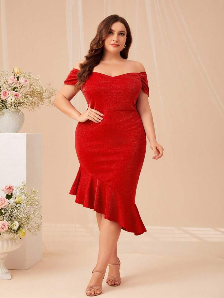 SHEIN Belle Plus Off Shoulder Ruffle Hem Glitter Dress | SHEIN