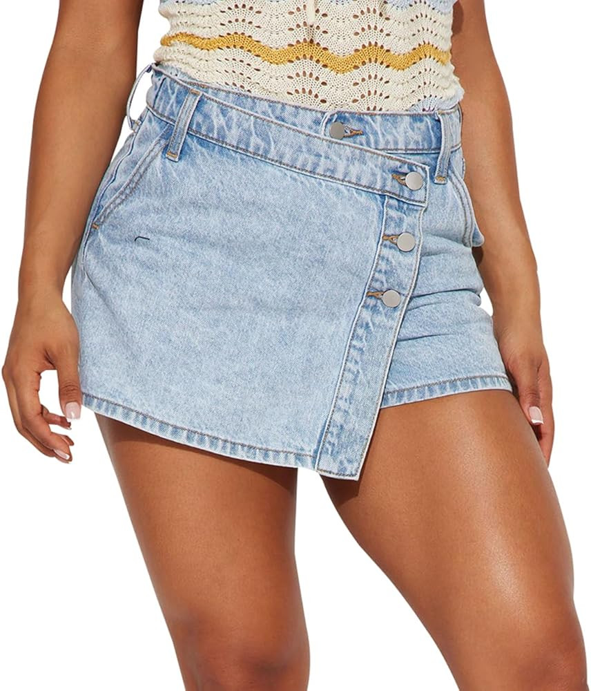 JTNFairy Women's Mid Rise Asymmetrical Hem Denim Skorts Wrap Button Front Stretchy Casual Jean Sk... | Amazon (US)