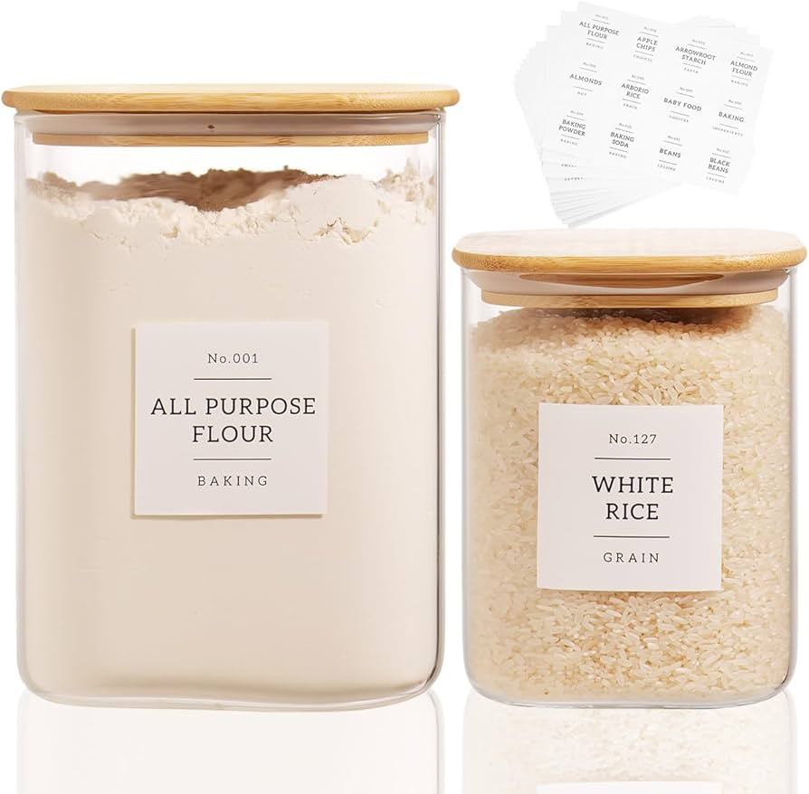 2 Pack large Square Glass Flour and Sugar Containers with 132 Kitchen Pantry Labels - 110 floz & ... | Amazon (US)