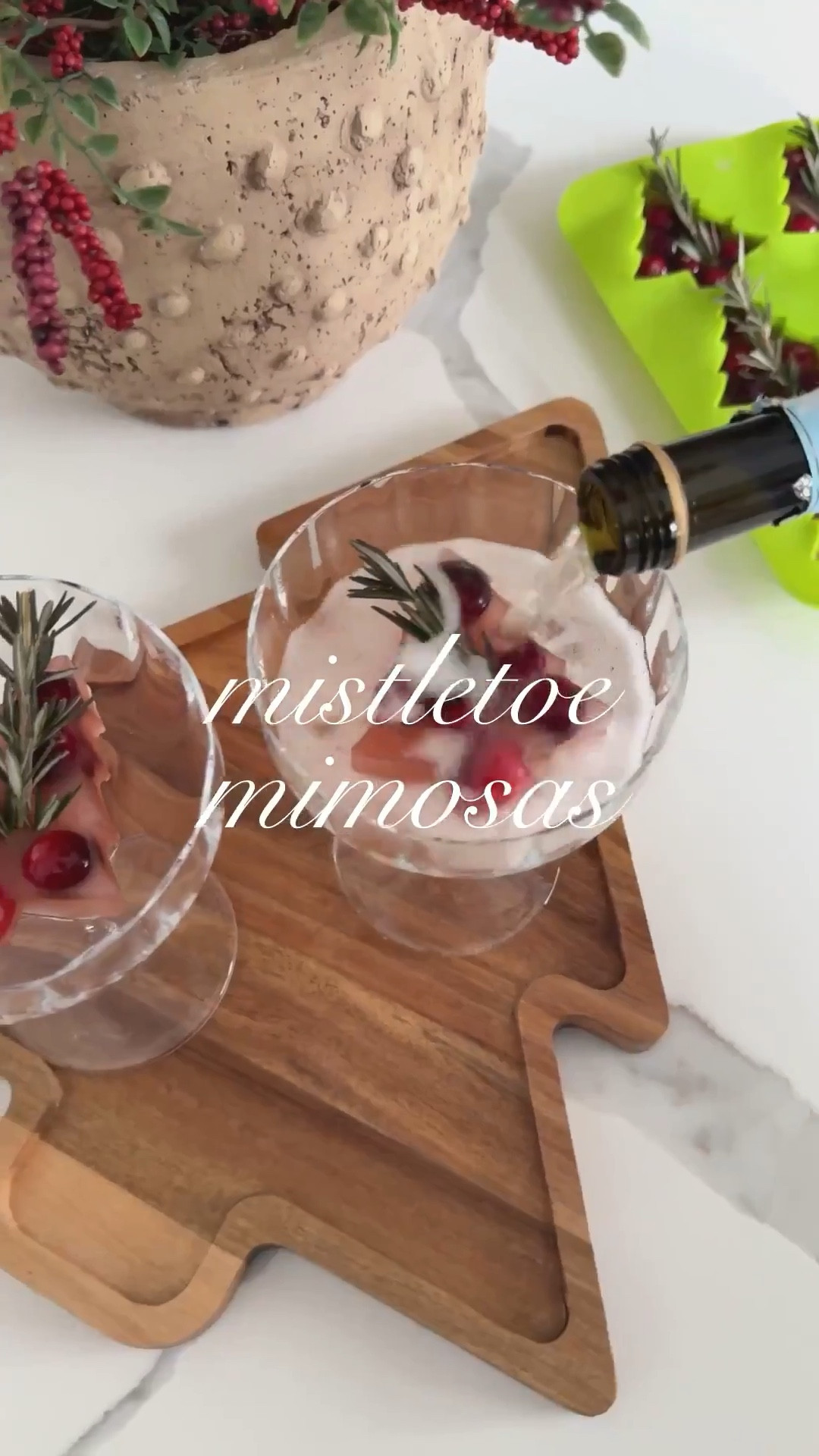RECIPE ⬇️⬇️ 

Mistletoe mimosas ✨ these are such a fun and festive drink for the holidays plus super easy to prep and make ahead!! 

Fill mold with fresh cranberries 
Fill 3/4 with cranberry (or pomegranate juice) 
Top rest with apple juice 
Freeze completely 
Pop into coupe or champagne glasses Top with Prosecco, champagne, OR sparkling wine for a mocktail!

#LTKHoliday