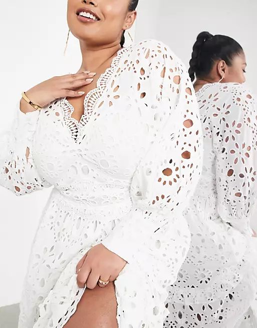 ASOS EDITION Curve v neck eyelet midi dress with puff sleeve in white | ASOS (Global)