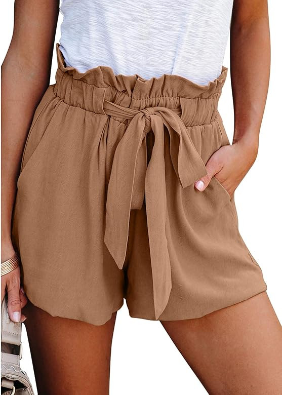 Dokotoo Womens Casual Summer Ruffle Belted Elastic Waist Shorts with Pockets | Amazon (US)