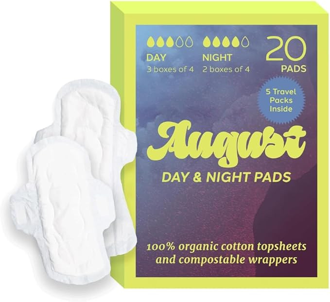 August Organic Menstrual Day and Night Pads, 100% Certified Organic Cotton, Compostable Wrappers,... | Amazon (US)