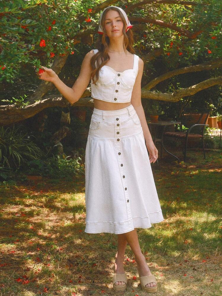 WESTFADE High Waist Faux Button Front 98% Cotton Denim Fit & Flare Midi Skirt Summer Fourth Of July | SHEIN