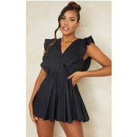 Black Poplin Button Detail Flare Short Romper | PrettyLittleThing US