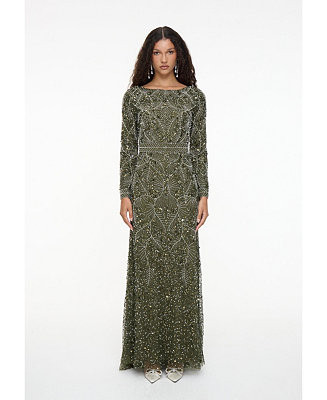 Maryisa Women's Modest Embellished Sequin Beaded Dress Maxi With Trail - Macy's | Macy's