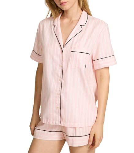 Victoria's Secret Flannel Pajama Set, Short Sleeve Shirt and Shorts, Pajamas for Women, Pink Iconic Stripe, XXL | Amazon (US)