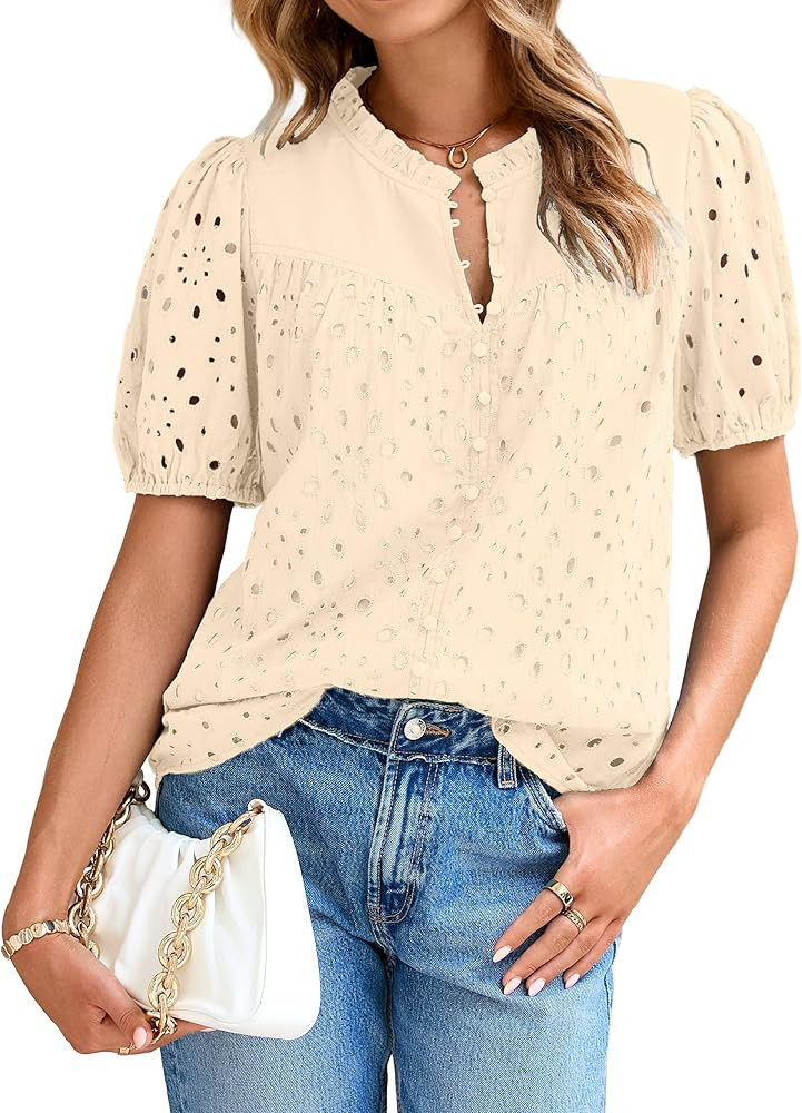 Glamaker Womens Summer Tops Blouse 2026 Casual Eyelet Embroidered Short Puff Sleeve Lace Hollow O... | Amazon (US)