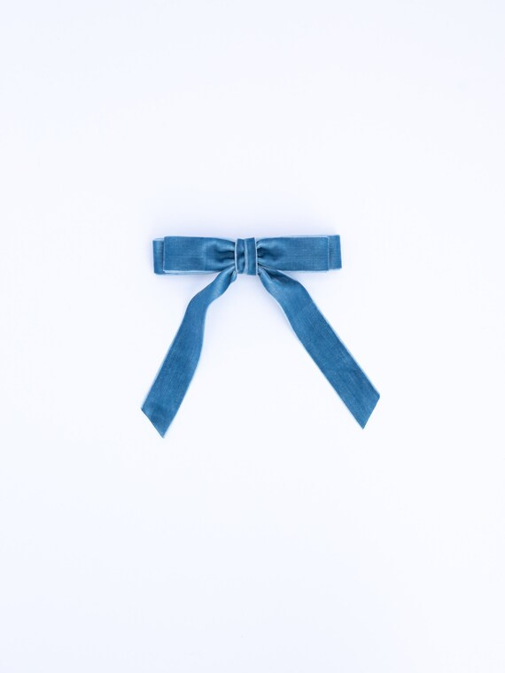 Denim Blue Velvet Hair Bow Short Tail French Barrette  Grace - Etsy | Etsy (US)