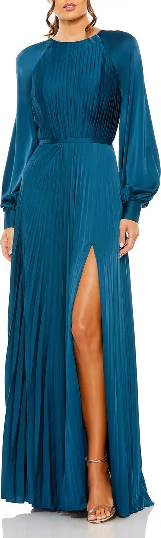 Mac Duggal Long Blouson Sleeve Pleated High Neck Gown | Nordstrom | Nordstrom
