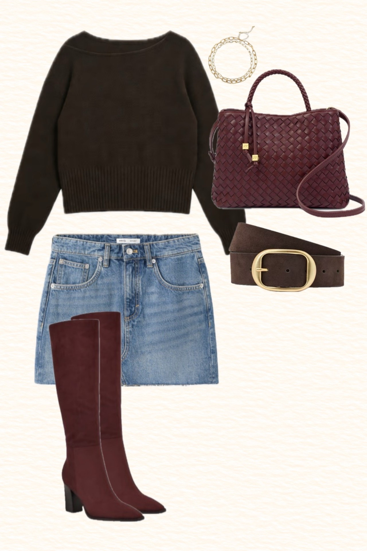 Off shoulder Brien sweater, suede brown belt, denim mini skirt, burgundy knee high boots and leather bag. A great summer into fall look.
Women’s outfit inspiration 
Autumn colors
Fall fashion

#LTKootd #LTKSeasonal #LTKMidsize