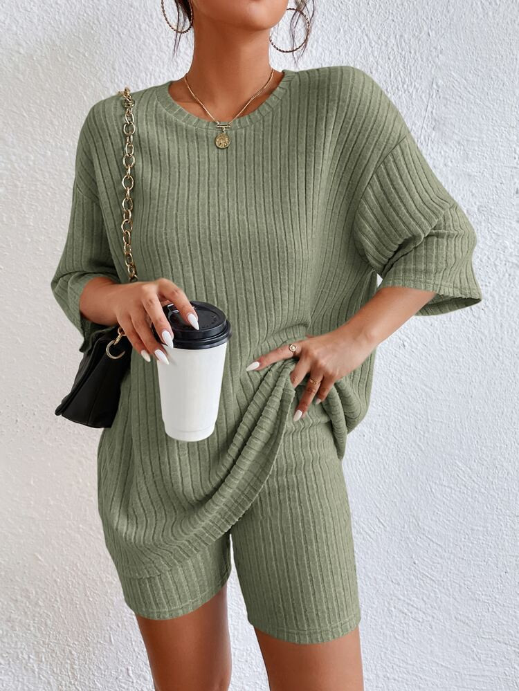 Drop Shoulder Rib-knit Tee & Biker Shorts | SHEIN