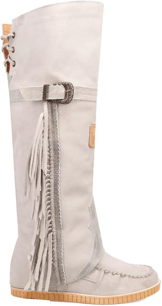 Dingo Womens Lakota Fringe Round Toe Moccasin Casual Boots Over the Knee Mid Heel 2-3" - White | Amazon (US)