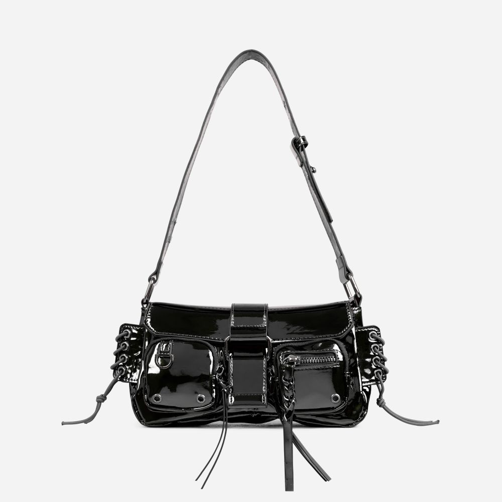 Lake Multi Pocket Zip Detail Shoulder Bag In Black Patent | EGO (UK)