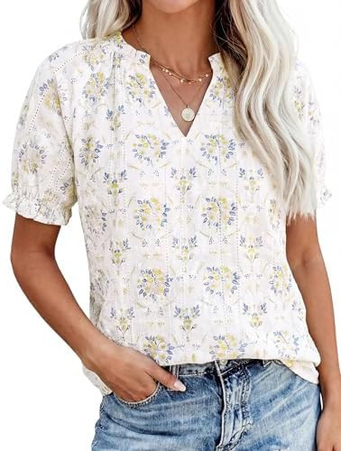 PRETTYGARDEN Summer Short Sleeve V Neck Shirts for Women 2026 Trendy Floral Print Loose Ruffle To... | Amazon (US)