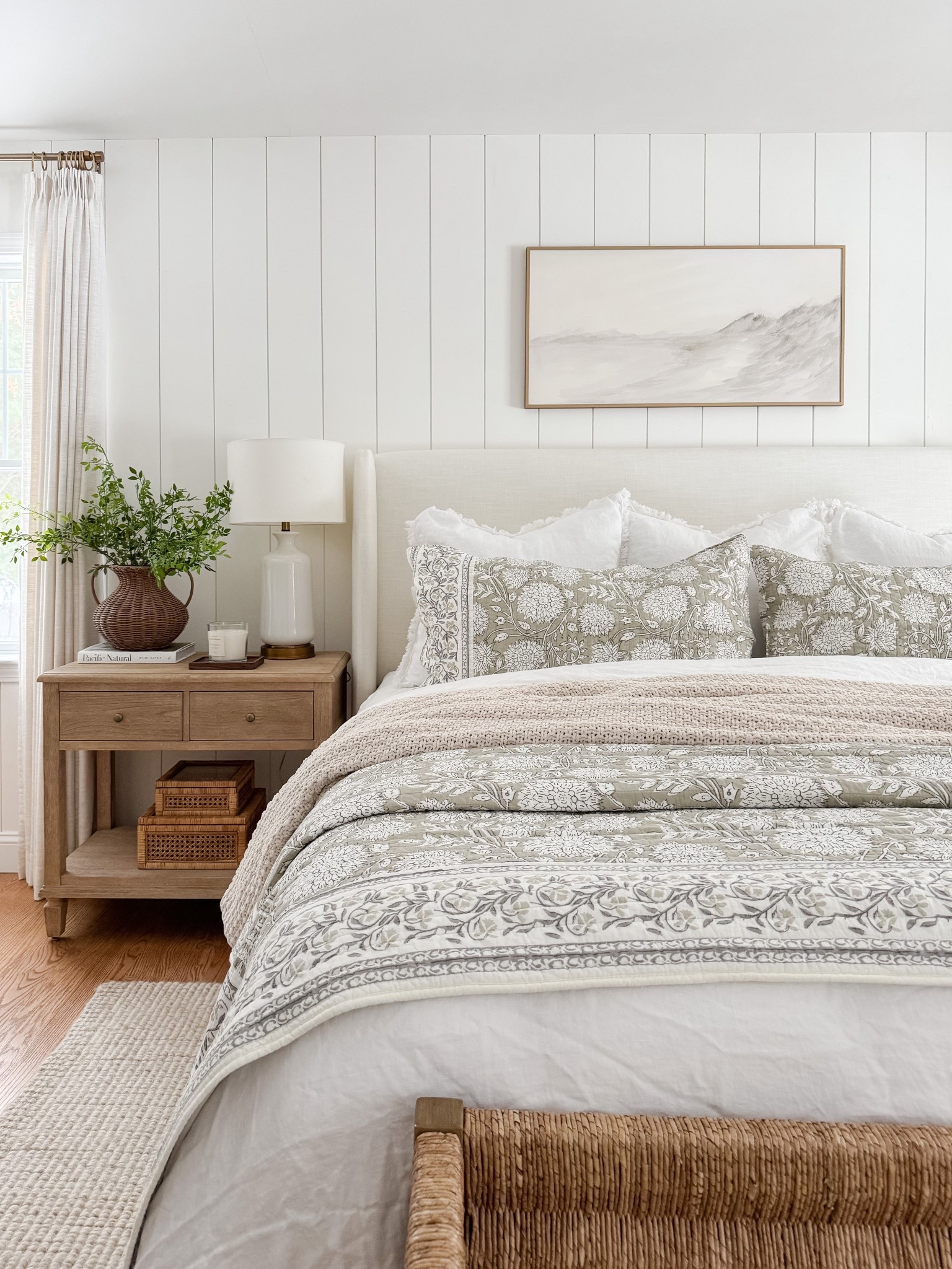 Amazon Neutral coastal bedroom with gingham bedding, layered throw blankets, textured knit coverlet, and soft patterned pillows. Light wood nightstands and white table lamps create a calm, layered spring bedroom look. 
Spring bedding, neutral bedroom decor, layered bedding, spring bedding, coastal bedroom, throw blanket, knit coverlet, patterned pillows, light wood nightstands, white table lamps, cozy bedroom, serene bedroom style, sherri calnan home

#LTKHome