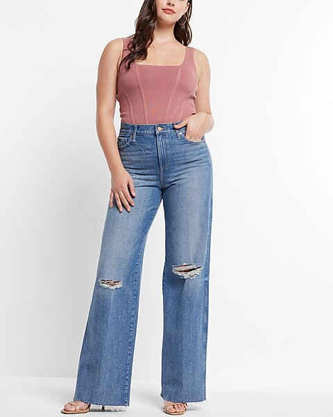 High Waisted Medium Wash Ripped Wide Leg Jeans | Express