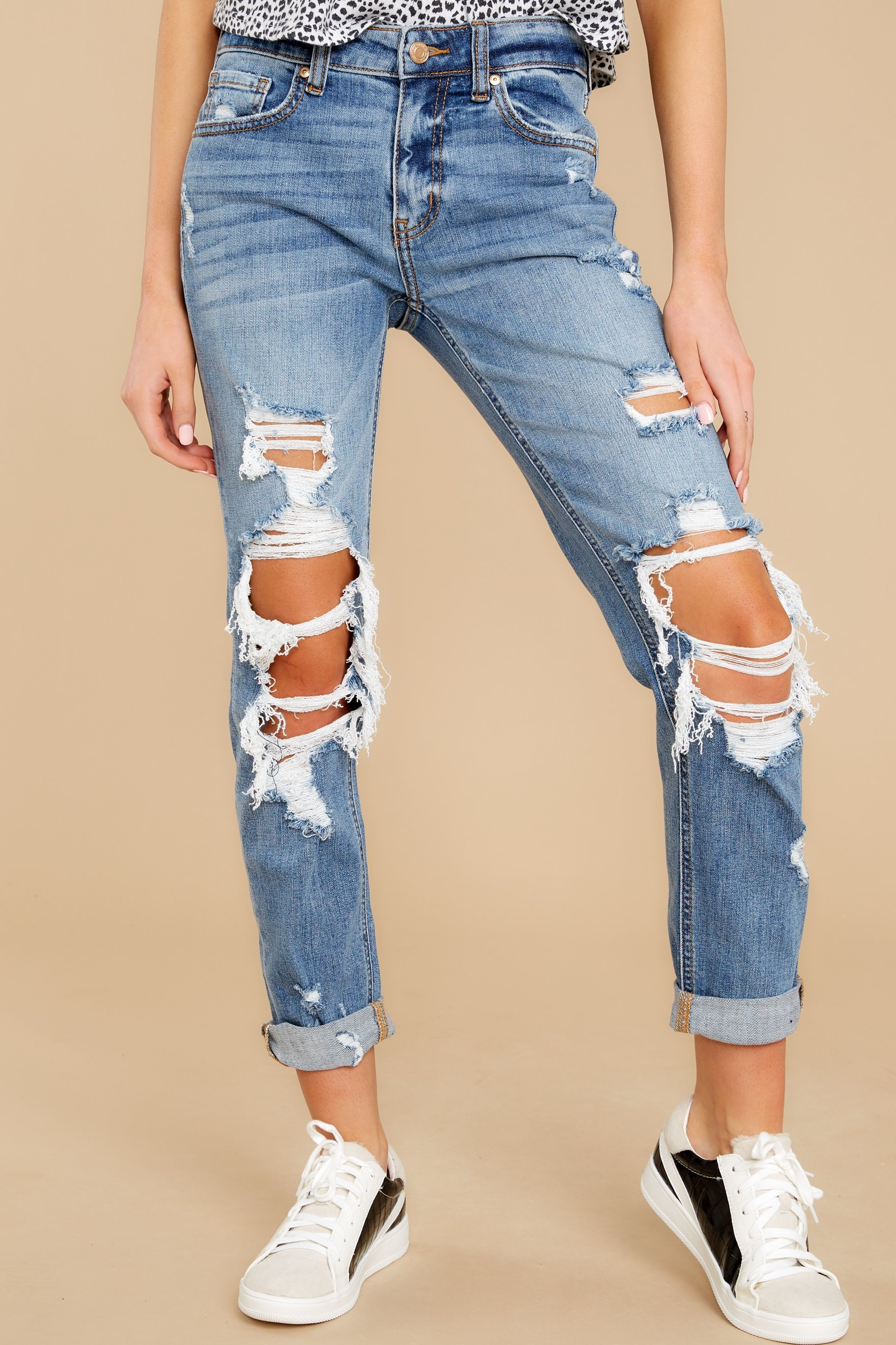 Can't Help Myself Medium Wash Distressed Girlfriend Jeans | Red Dress 