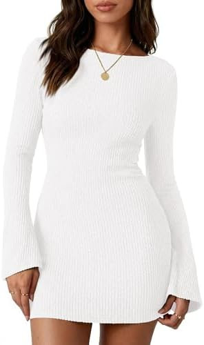 PRETTYGARDEN Womens Fall Bell Long Sleeve Mini Dress 2026 Casual Boat Neck Ribbed Bodycon Short P... | Amazon (US)
