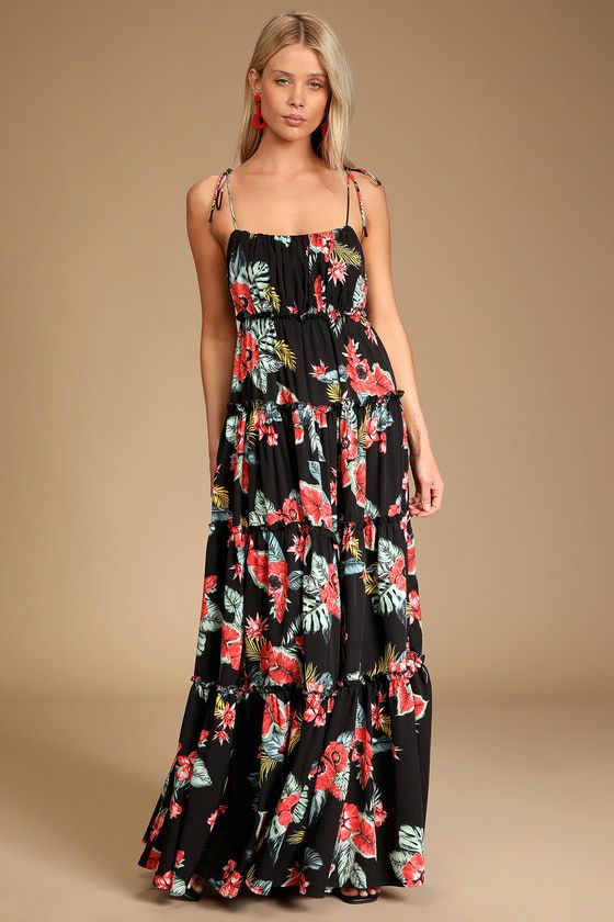 Call of the Tropics Black Floral Tie-Strap Tiered Maxi Dress | Lulus (US)