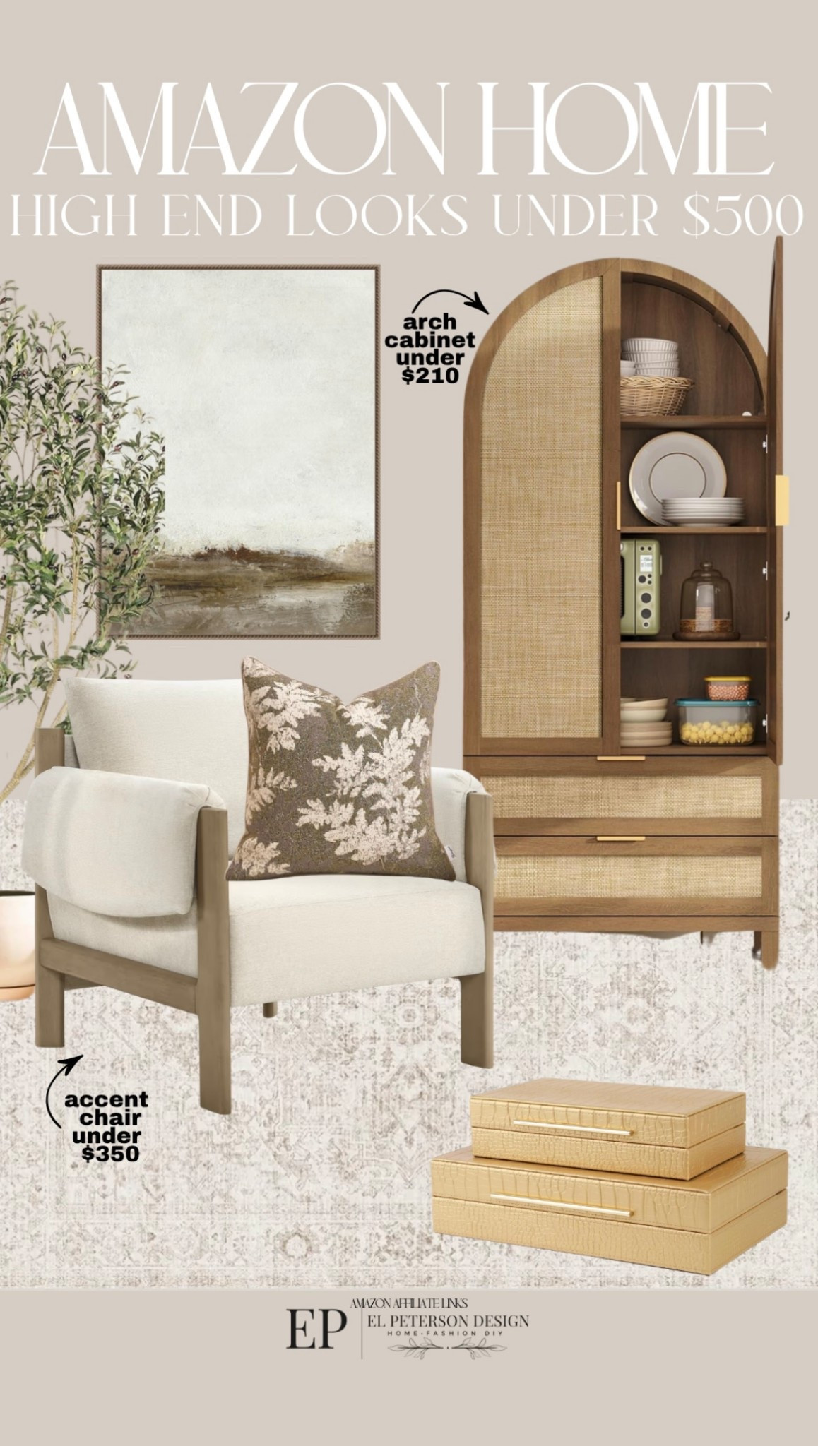 Amazon
Arch cabinet
Faux tree
Rug
Artwork
Accent chair
Pillow
Decorative boxes 

#LTKHome