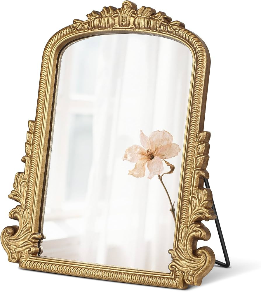 Vintage Vanity Mirror with Stand \u2013 11.8"x9.6" Gold Tabletop Makeup Mirror, Arched Decorative... | Amazon (US)