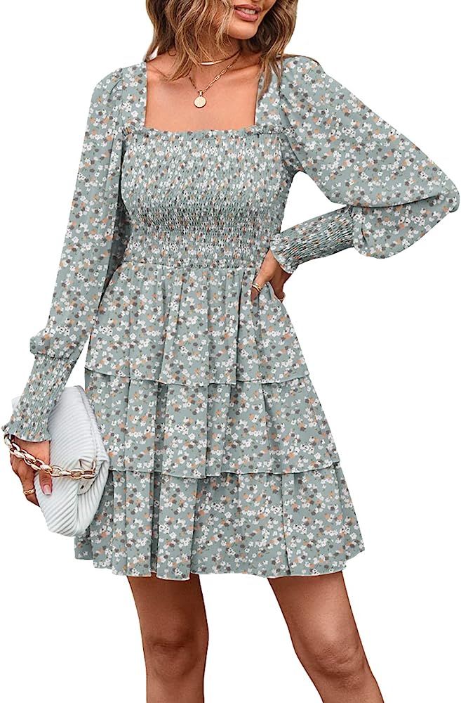 KIRUNDO 2023 Spring Summer Women's Square Neck Floral Print Tiered Ruffle Mini Dress Long Sleeve ... | Amazon (US)