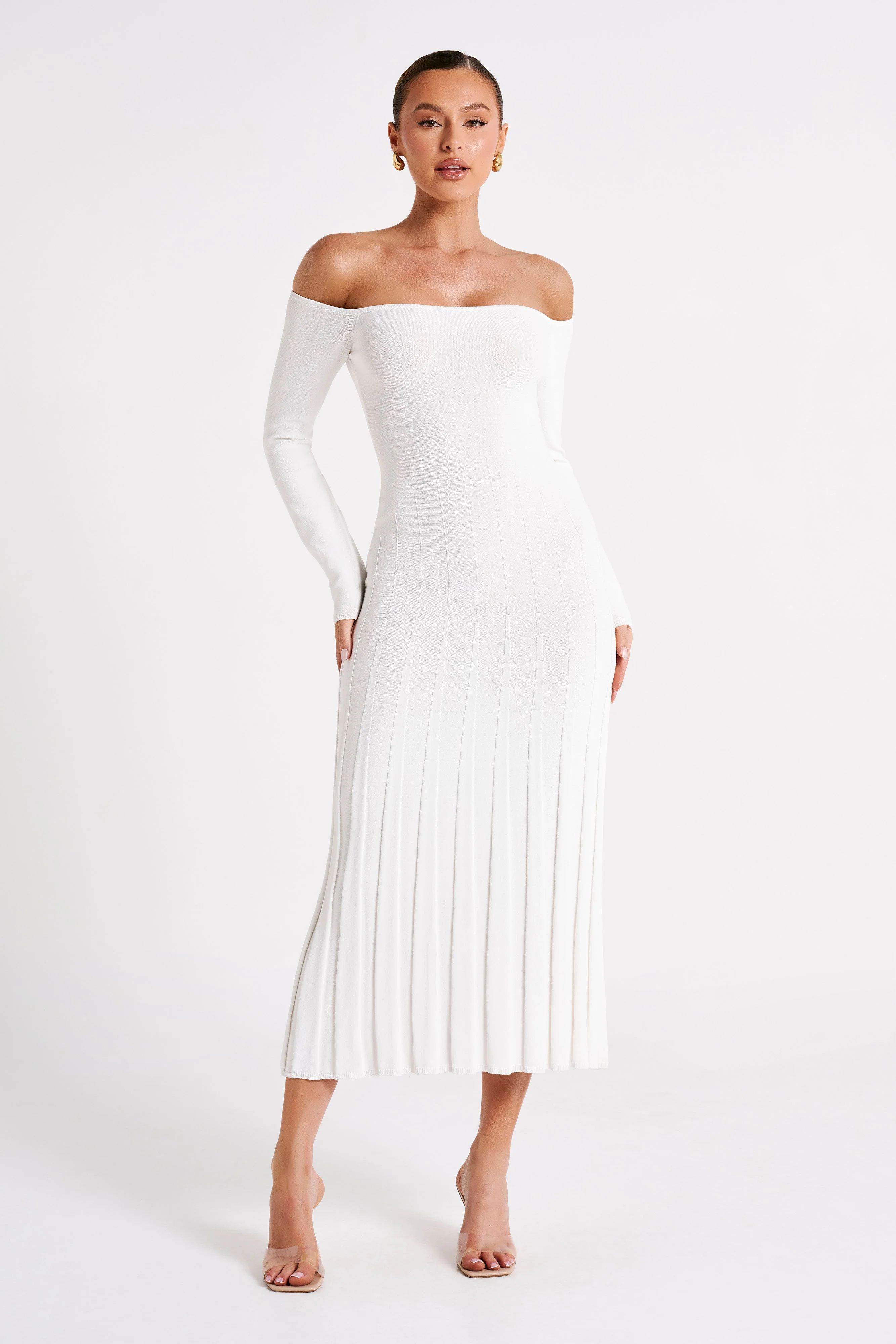 Emmeline Long Sleeve Rib Knit Midi Dress - White | MESHKI US