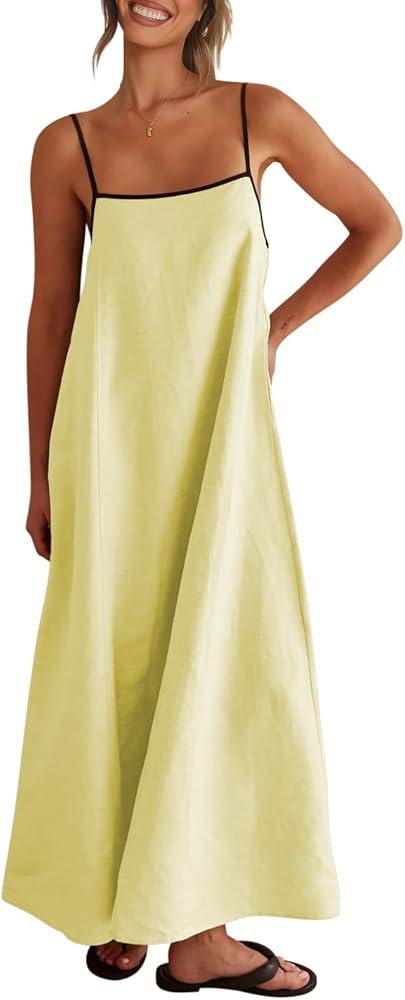 Shy Velvet Women's 2025 Summer Linen Maxi Dress Contrast Spaghetti Strap Dress Backless Sleeveles... | Amazon (US)