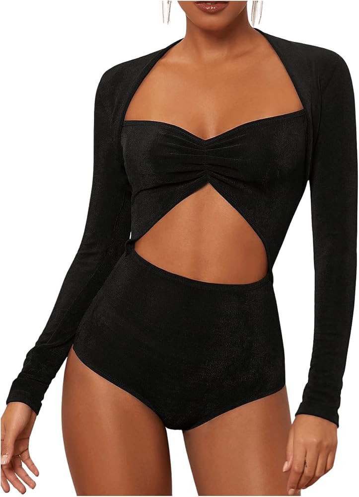 MakeMeChic Women's Cut Out Ruched Bust Long Sleeve Slim Fit Bodysuit Tee Shirt Tops | Amazon (US)
