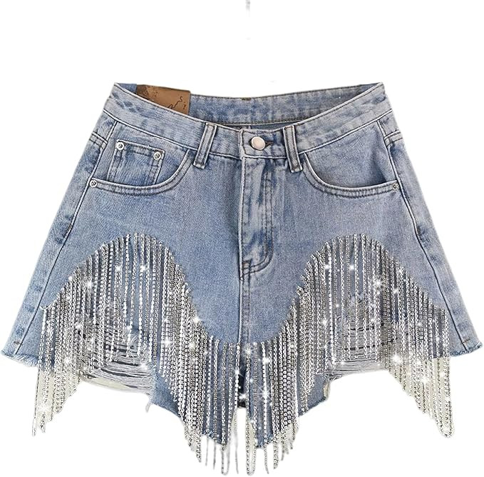 Women's Diamond Tassels Denim Shorts Summer High Waist Ripped Jeans Shorts with Rhinestone Fringe | Amazon (CA)