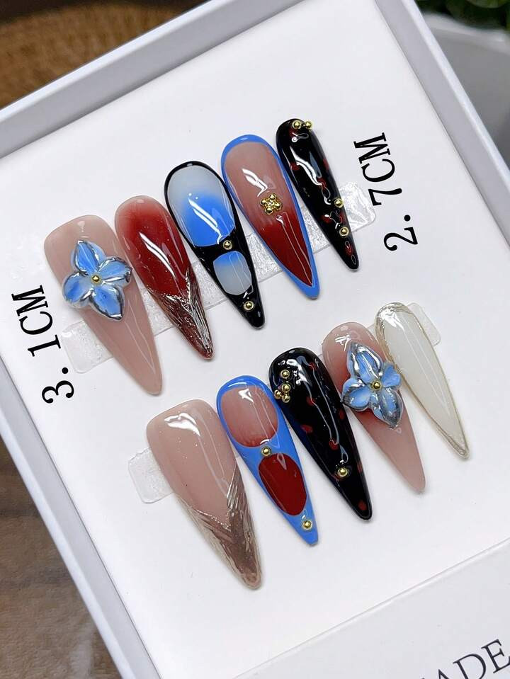 10 Pieces Pure Hand-Made Wearable Nails With Long, Thin, And Pointed Nail Shape. | SHEIN
