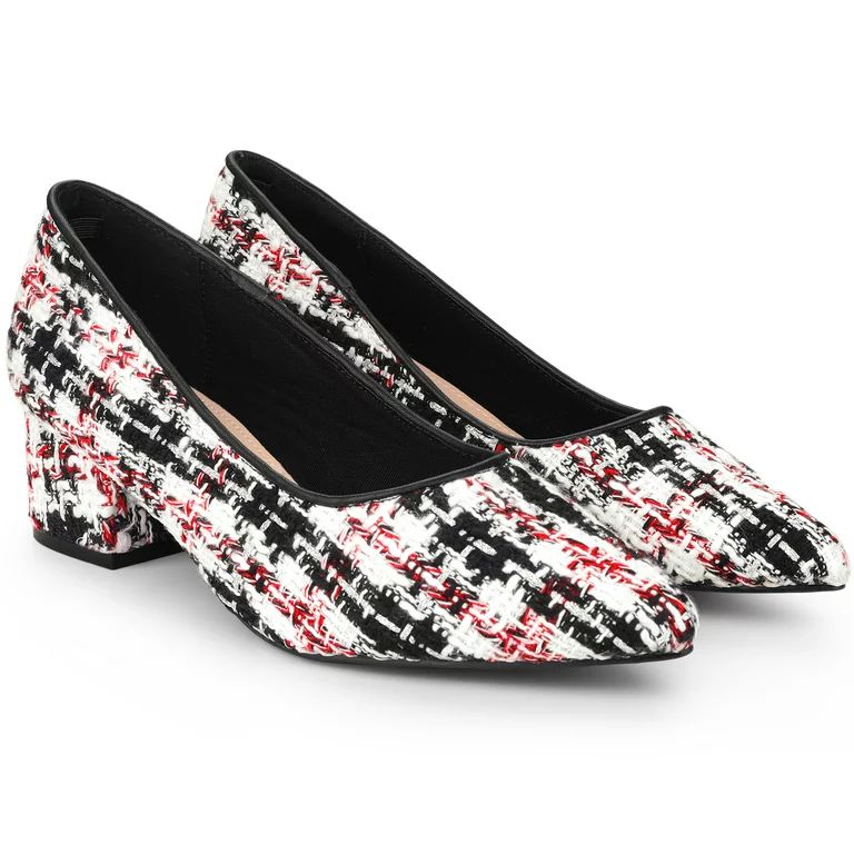 Unique Bargains Women's Pointy Toe Tweed Plaid Knitted Printed Chunky Heels Pumps | Walmart (US)