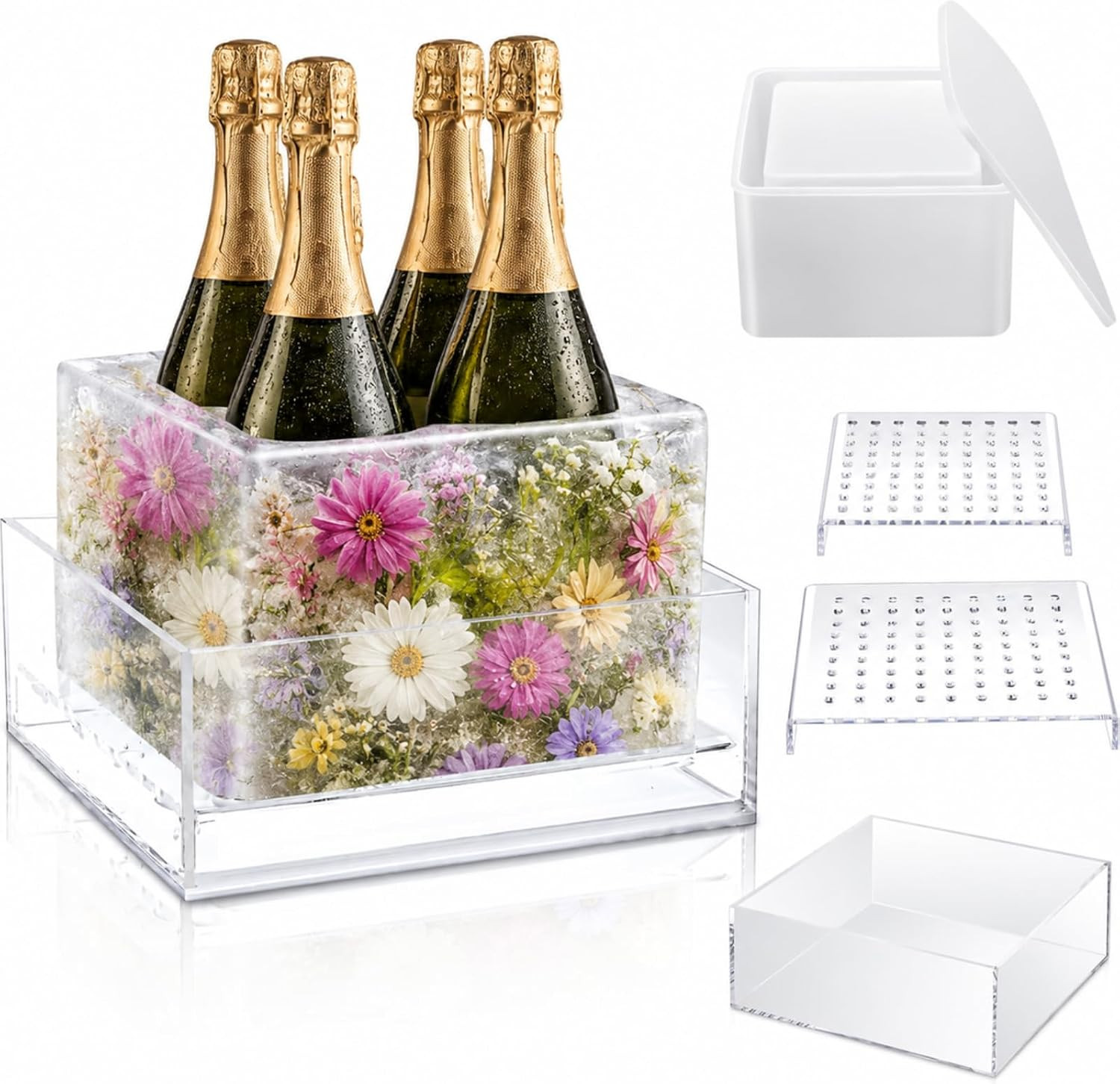Didaey 4 Pcs Ice Mold Wine Chiller Ice Bottle Chiller Ice Container Mold Ice Silicone Mold Champagne Bucket with Draining Rack for Decorations Centerpiece | Amazon (US)