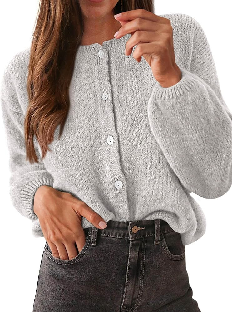 KIRUNDO Women’s Cardigans Casual Loose Button Up Long Sleeve Crewneck Knit Cardigan Sweaters Op... | Amazon (US)