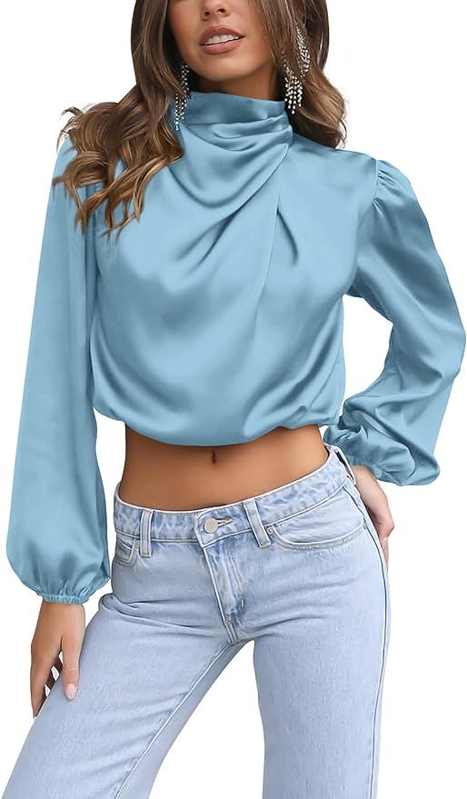 PRETTYGARDEN Women's 2023 Fall Fashion Crop Tops Long Sleeve Ruched Mock Neck Satin Shirt Blouses | Amazon (US)