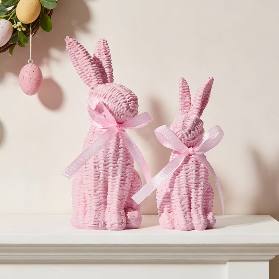 WDS WONDROUS Easter Decorations Bunny Figurines Set, Pink Rattan Effect Resin Table Decor Set of ... | Amazon (US)