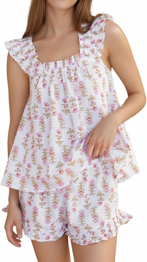 Womens Summer Pajama Sets 2 Piece Outfits Ruffle Trim Top and Shorts Cotton Loungewear Set | Amazon (US)