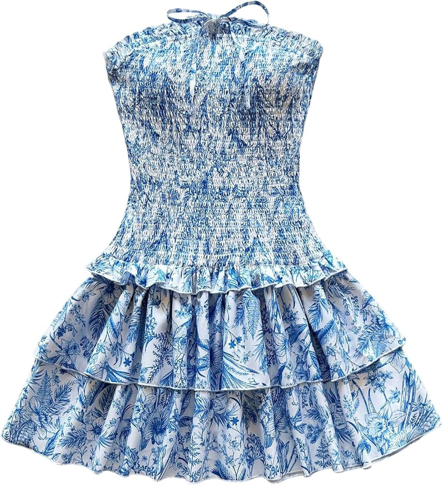 Milumia Women's Paisley Strapless Tube Top Dresses Smocked Layered Ruffle Mini Dress Vacation Bea... | Amazon (US)