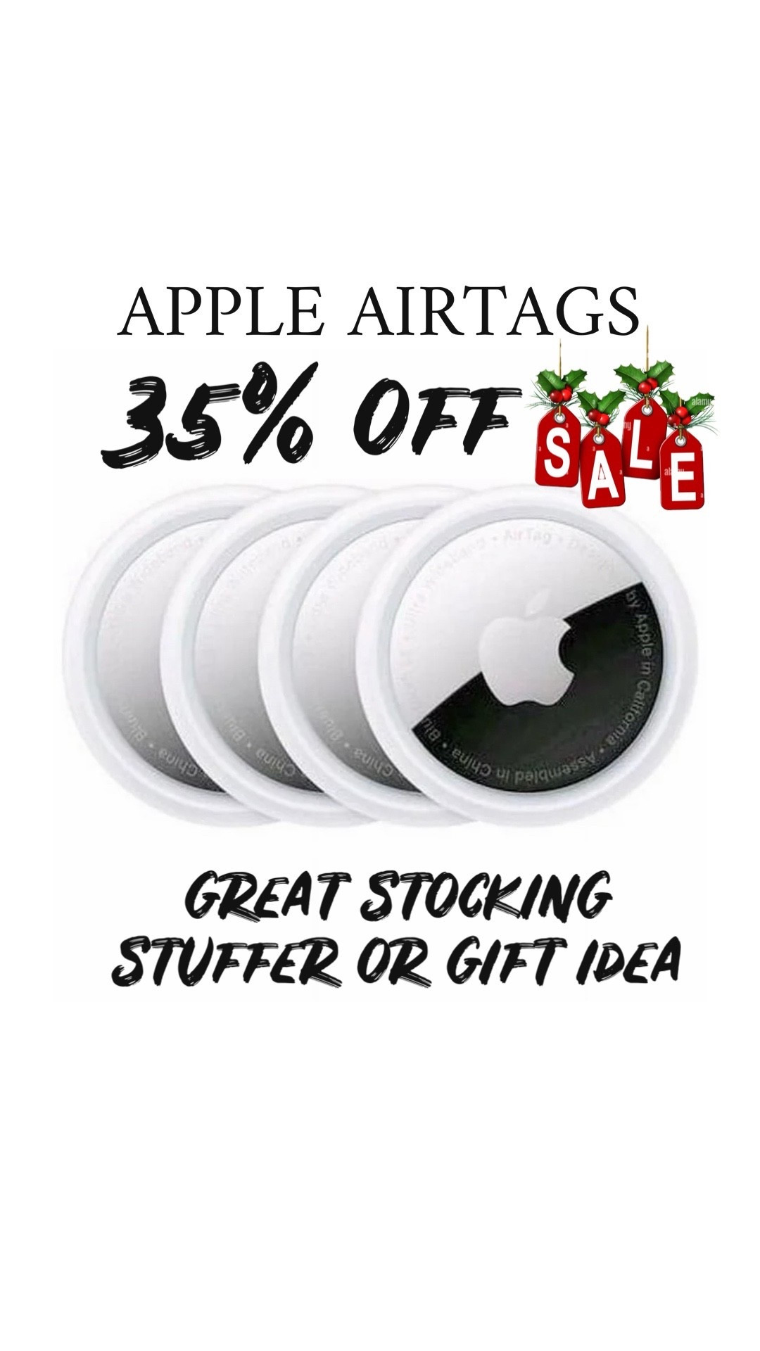 Apple AirTags 
4 for under $65 (originally $99)
Great as a stocking stuffer or gift idea for Christmas 

#LTKGiftGuide #LTKFindsUnder100 #LTKSaleAlert