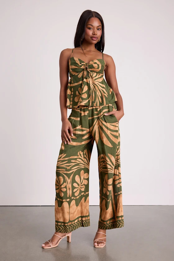 Sabo Olive and Tan Boho Print Wide-Leg Pants | Lulus