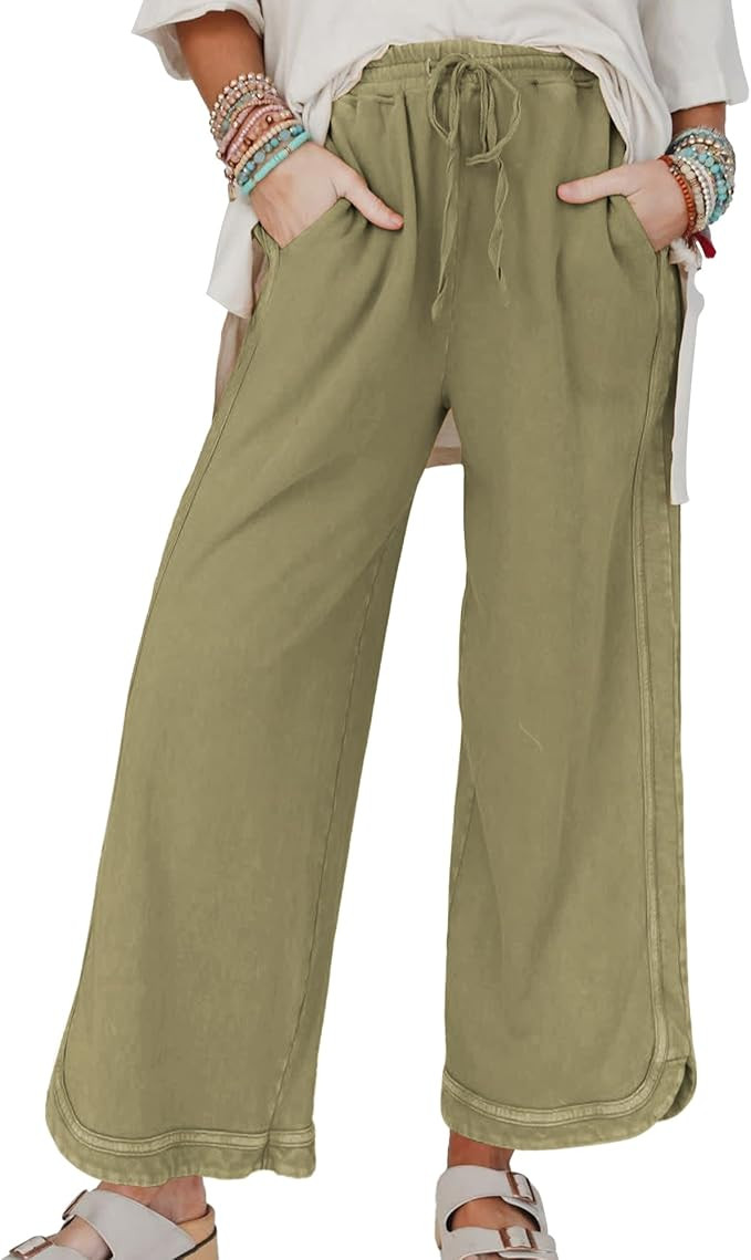 Women's Palazzo Pants Acid Wash Capri Pants Drawstring Athletic Wide Leg Trousers Summer Lounge H... | Amazon (US)