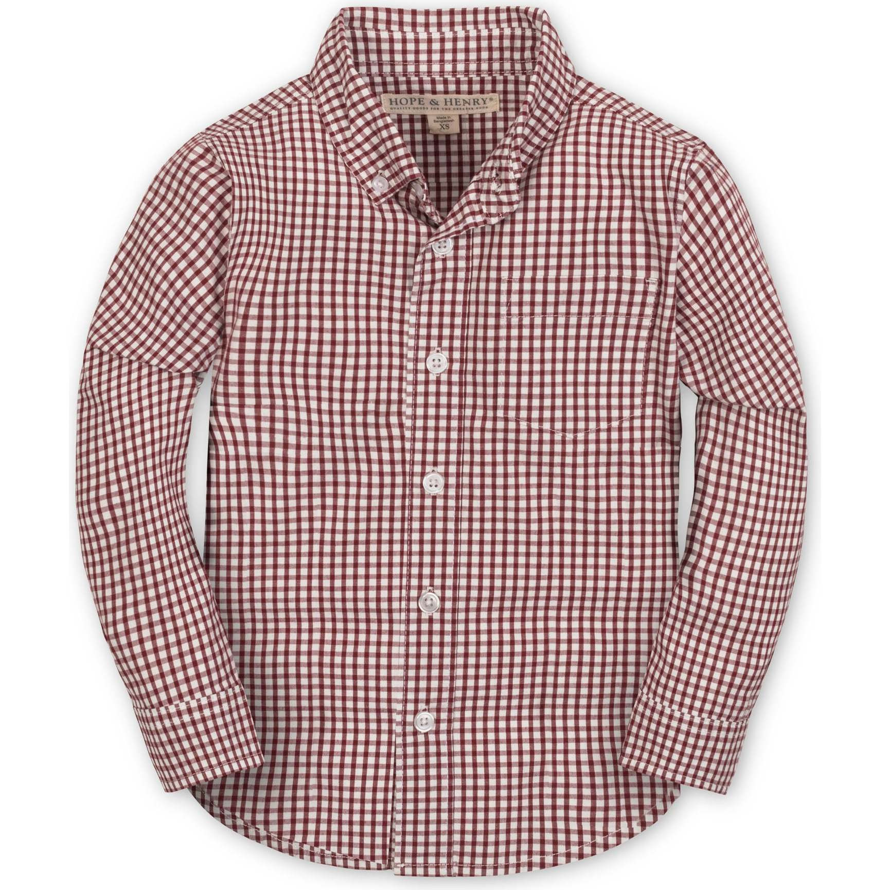 Organic Stretch Poplin Long Sleeve Button Down Shirt, Dark Red Check | Maisonette