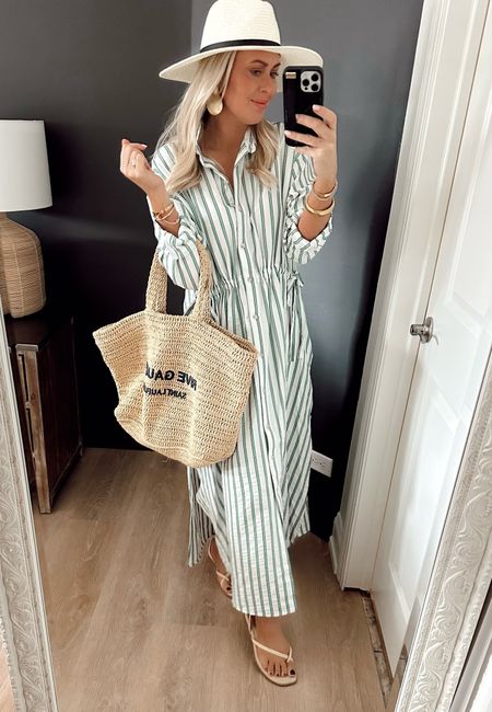 Must have Target dress💚! I’m in love! A classic shirt dress is a must! So easy to pack and looks luxury! 

Wearing a small in the dress. 3 colors. Sandals are TTS. 

Vacation outfit. Resort wear. Tote bag.

#LTKfindsunder100 #LTKstyletip #LTKfindsunder50