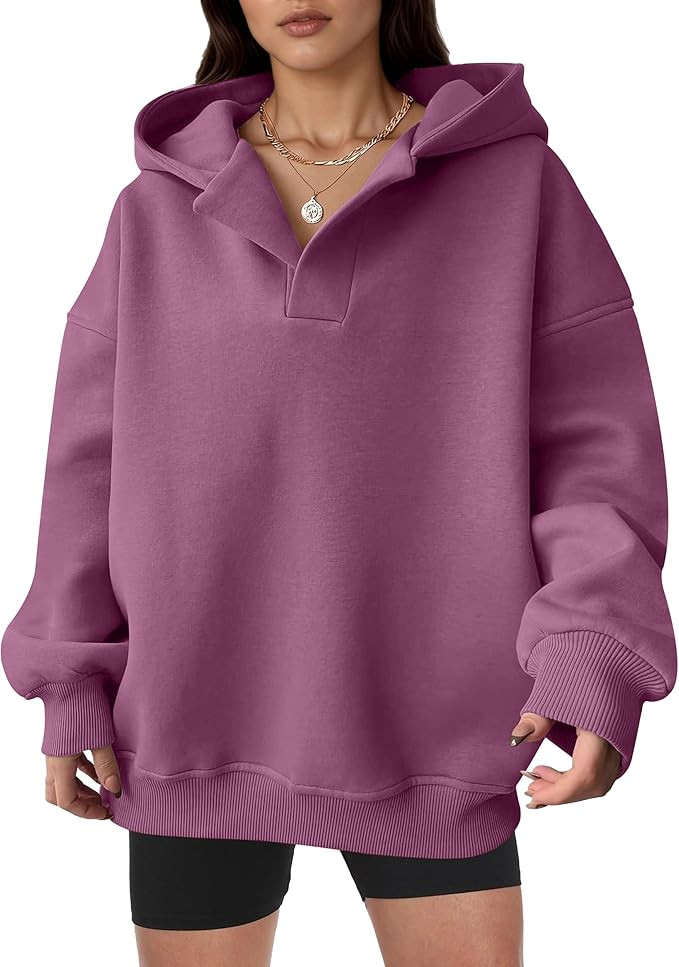 TCHH-DayUp Women's Oversized Fleece Hoodie V-Neck Pullover Long Sleeve Hooded Sweatshirt | Amazon (US)