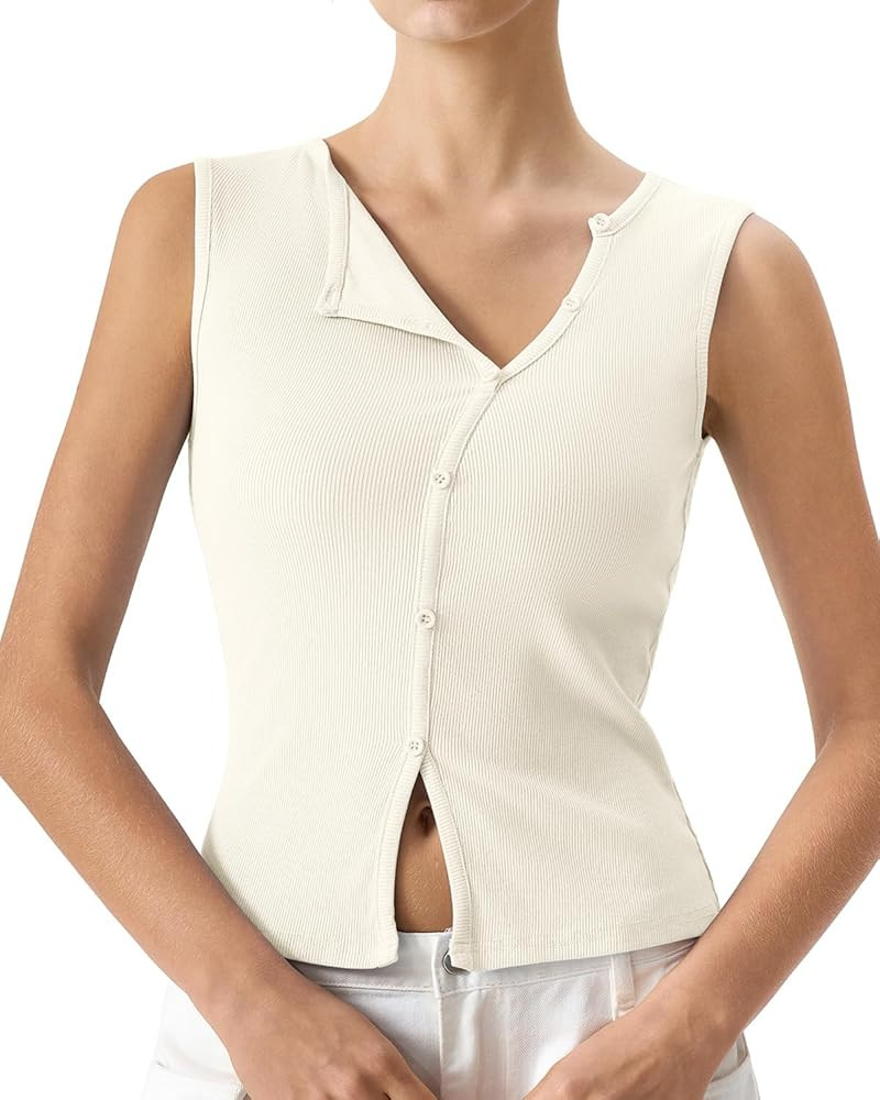 QINSEN Women's Sleeveless Ribbed Crewneck Tank Top Upper Button Fastening Shirts Going Out Tops | Amazon (US)