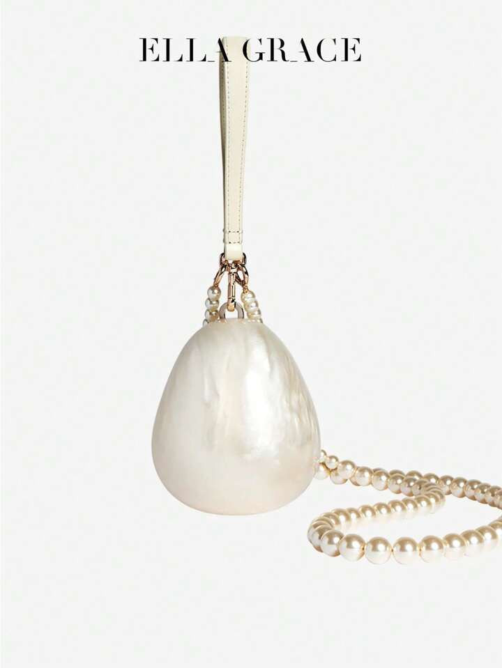 Charming Ivory Acrylic Evening Purse Shaped Like An Egg And A Natural Gemstone - Adorned With Pea... | SHEIN